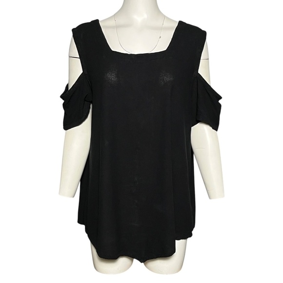 OH MY GAUZE! Size 3 XXL Tunic Top Black Cold Shoulder Square Neck Asymmetric Hem - Picture 1 of 8